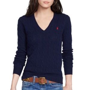 Ralph Lauren cable knit navy v neck sweater